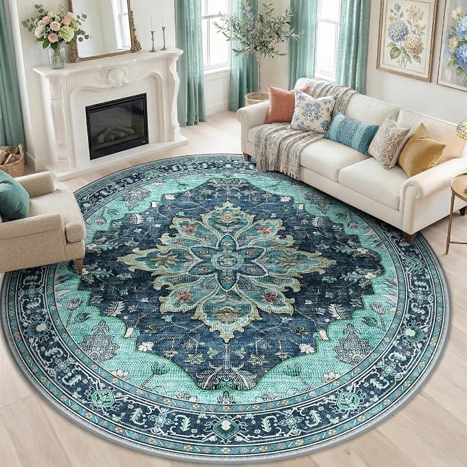 RELEANY Area Rugs Round 8ft Washable Non-Slip, Floral Vintage Distress by RELEANY
