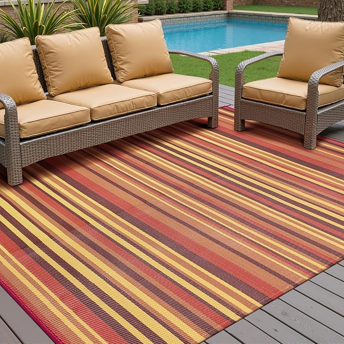 Outdoor Plastic Straw Rug Waterproof Patio 6x9 Red Orange Stripe Mat - Image 3