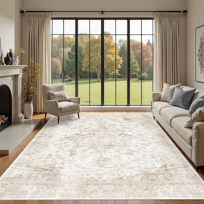 Rugxara 8x10 Washable Area Rug for Living Room, Extra Large Neutral Vintage by Rugxara