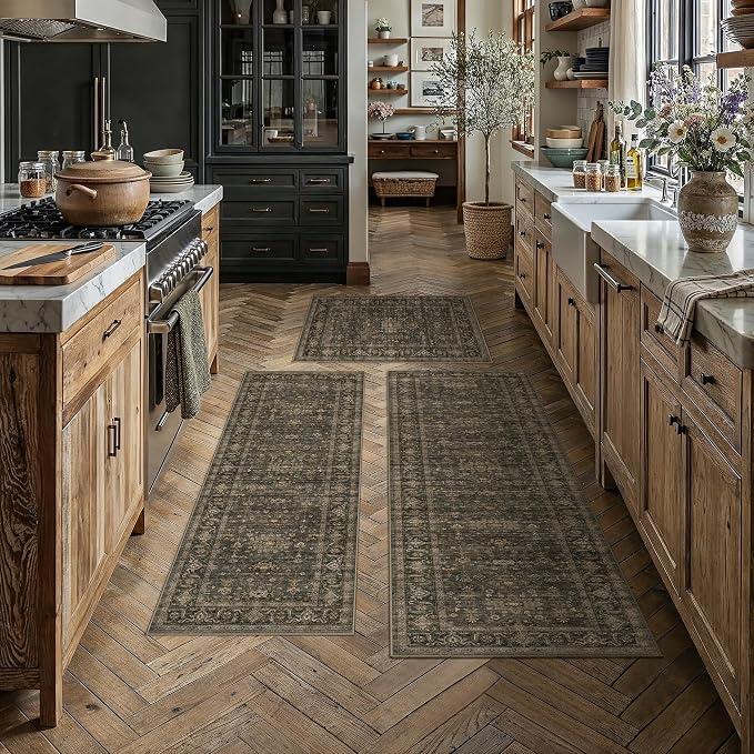 Kitchen Rug Set of 3 Washable Brown Vintage Kitchen Mats by WondRg