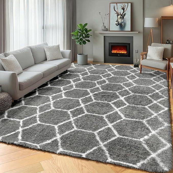 ONASAR 5x7 Area Rugs for Living Room Bedroom, Fluffy Grey and White Faux Fur by ONASAR