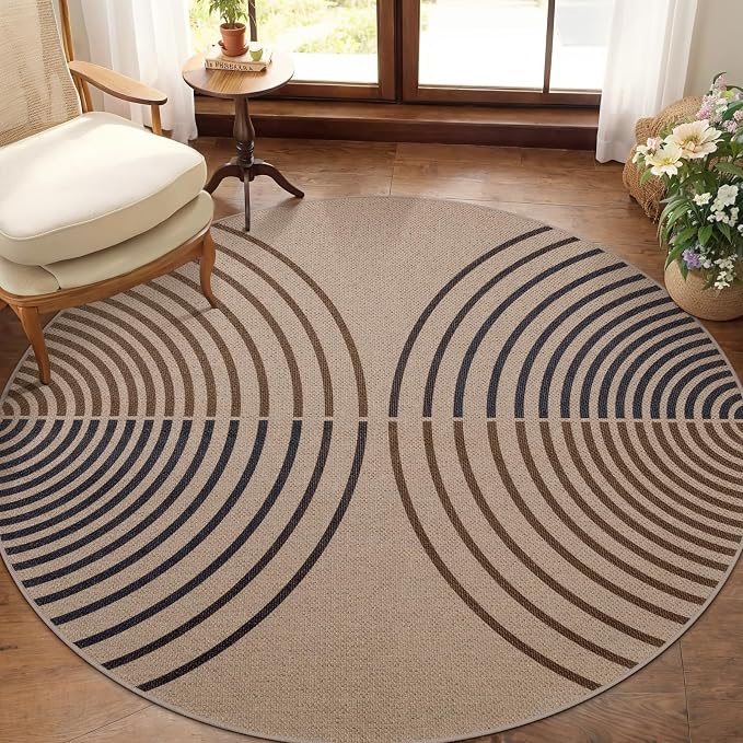 Tangsoo Modern Rainbow Round Rug 4ft Easy Jute Washable Rugs Ultra Thin Dark - Image 2