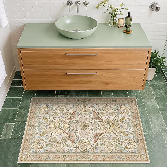 Beige Boho Bathroom Rugs 2x3 Washable Non Slip - Image 3