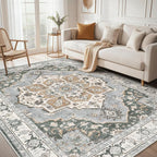 10x12 Washable Area Rug: Vintage Neutral Soft Non Slip Thin Large Floor Carpet by MICGEEK
