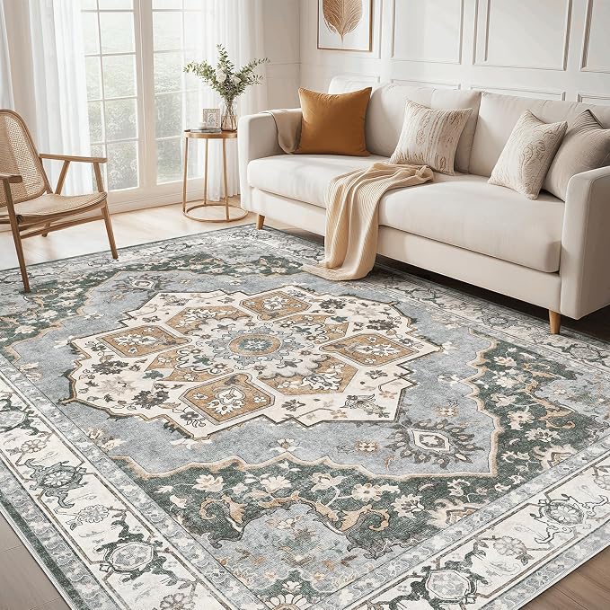 10x12 Washable Area Rug: Vintage Neutral Soft Non Slip Thin Large Floor Carpet by MICGEEK