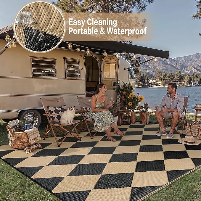 Outdoor Plastic Checkered Rug Waterproof Patio 8x10 Black Brown Diamond - Image 6