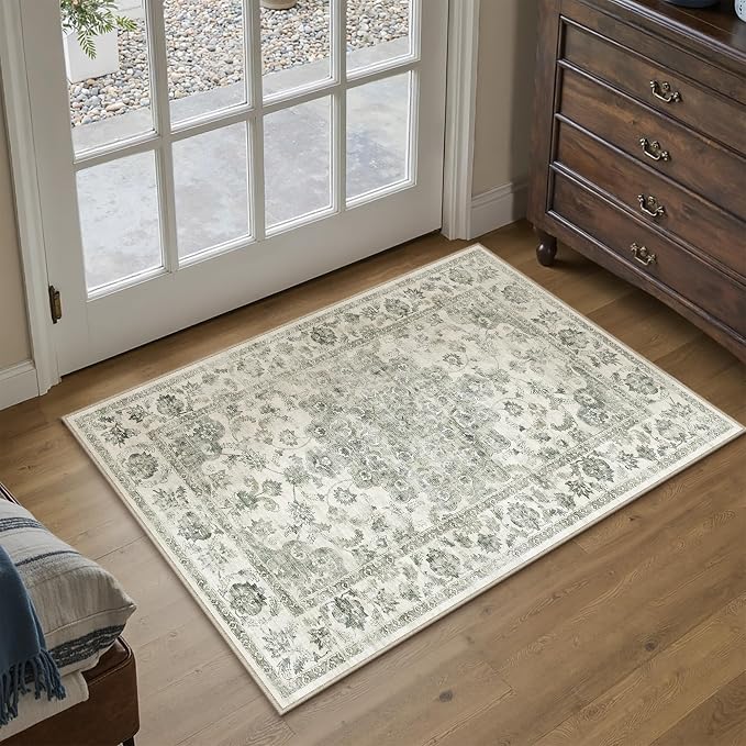 Neutral Kitchen Rug Set of 3 Washable Green Vintage Kitchen Mats - Image 3
