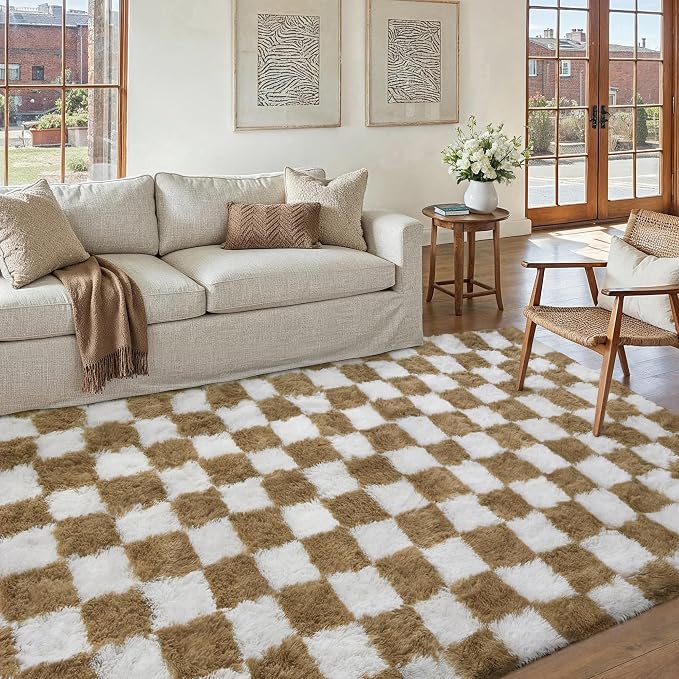 PureCozy 5x8 Area Rugs for Living Room Brown Soft Shag Checkered Large Rug - Image 4