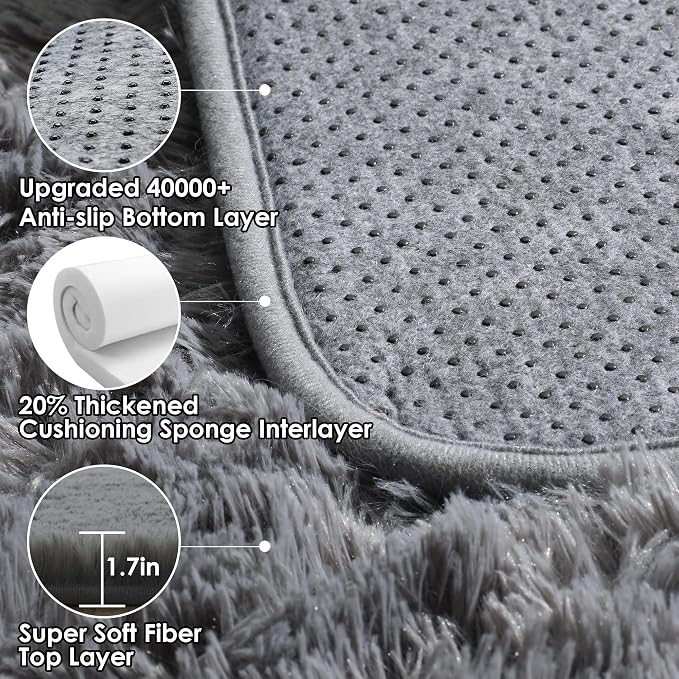 ONASAR Grey Area Rugs for Living Room, 5x8 Gray Fluffy Shag Bedroom Rug - Image 3