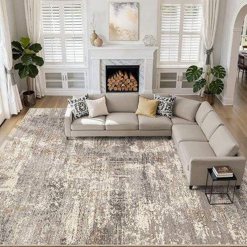 10x12 Area Rug Living Room: Washable Large Abstract Neutral Modern Soft Rug by LOONGRUG