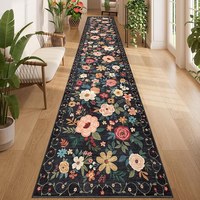 DUKINO 2.6x14 Kitchen Runner Rug, Lightweight Floral Washable Rug by DUKINO