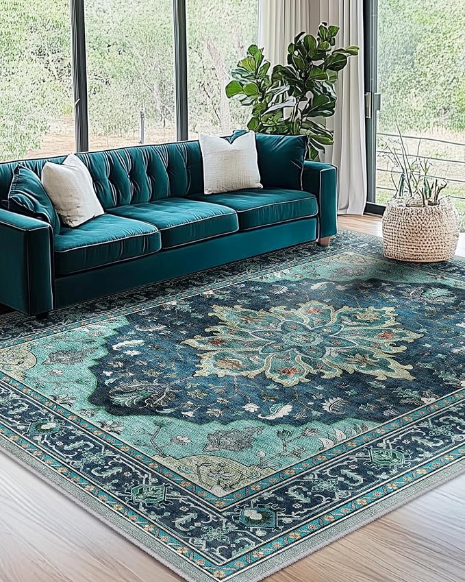 RELEANY Area Rugs 7'x9' Washable Non-Slip, Floral Vintage Distress Medallion by RELEANY