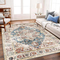 CHAMPLANT Washable Area Rug 10'x14' Beige Blue Boho Chic Medallion Distressed by CHAMPLANT