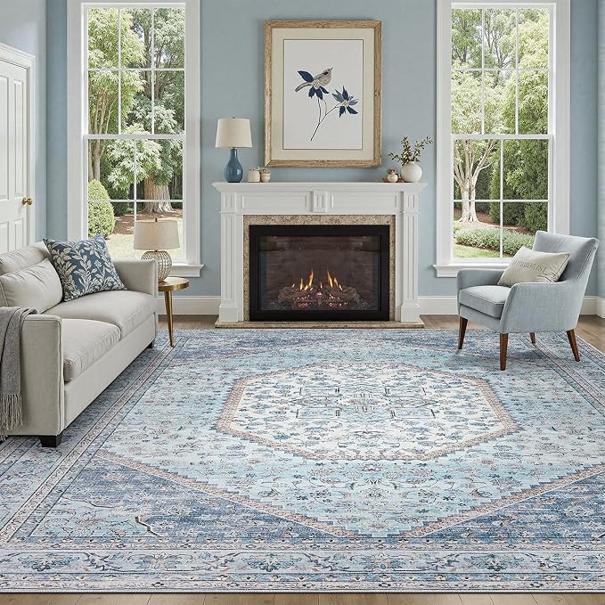 DCX Blue 8x10 Rug, Machine Washable Stain Resistant Kid & Pet Friendly by DCXWashableRug