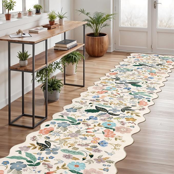 Washable 3x12 Hallway Runner Rug: Soft Floral Scalloped Runners - Image 3
