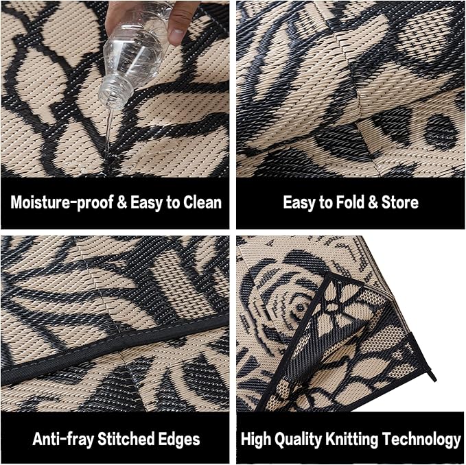 Outdoor Plastic Straw Rug Waterproof Patio 5x8 Black Brown Floral Mat - Image 8