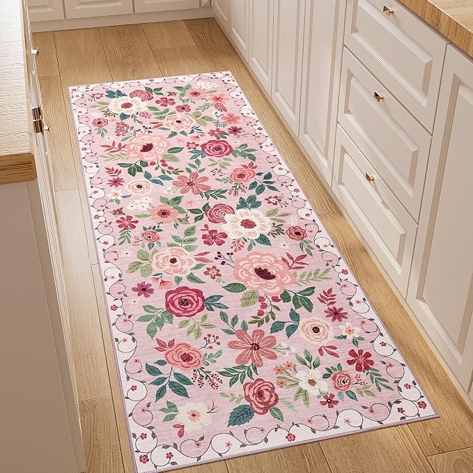 DUKINO 2x5 Runner Rug for Hallway, Washable Kitchen Floral Runner Rug by DUKINO