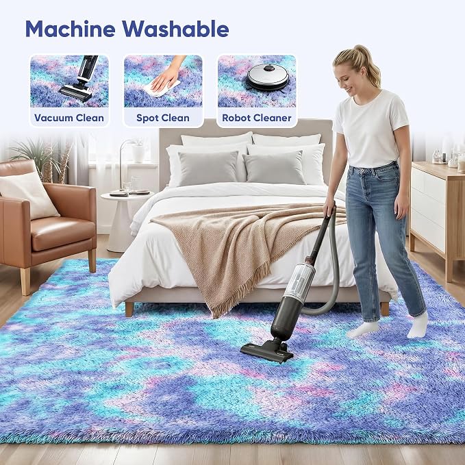 Rainbow 8x10 Fluffy Rugs for Girls Bedroom: Large Shag High Pile Area Rug - Image 8