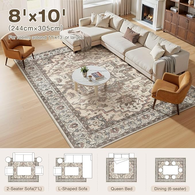 8x10 Area Rugs Living Room: Washable Vintage Rug Large Non-Slip Stain Resistant - Image 9
