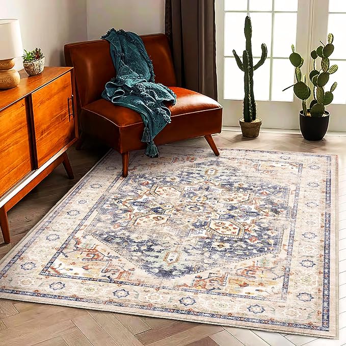 CHAMPLANT 3'x5' Blue Khaki Vintage Washable Thin Area Rug Traditional Floor by CHAMPLANT