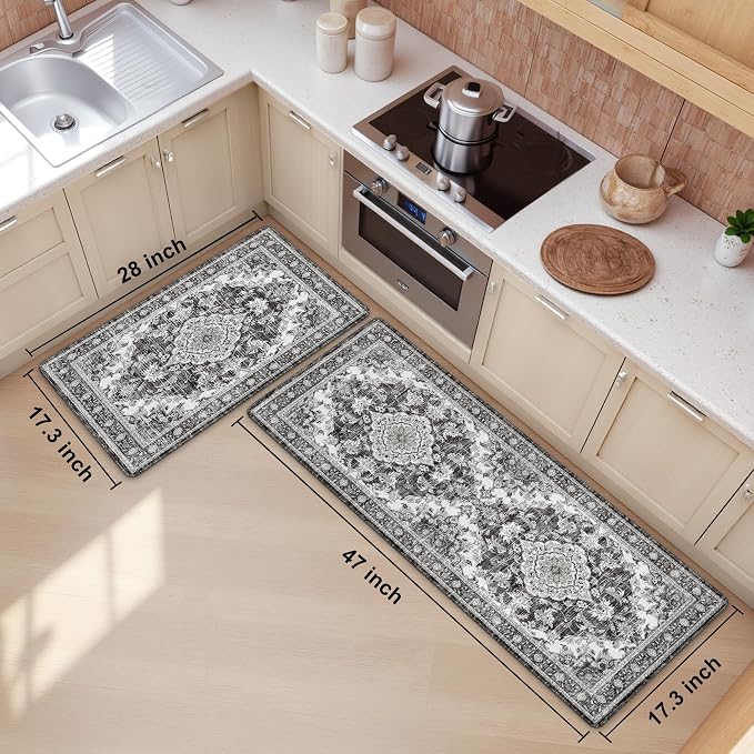 Boho Kitchen Mats for Floor 2 Piece Set Anti Fatigue Cushioned PVC Kitchen Rugs - Image 2