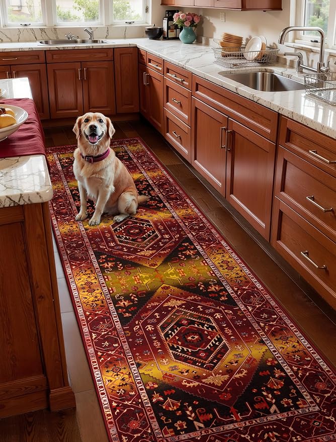 SERISSA Runner Rug for Hallways, Long Boho Rug Vintage Rustic Red Gold Hallway - Image 2