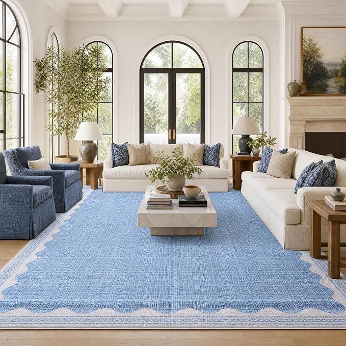 GarveeHome Scalloped 8x10 Rug for Living Room Washable Non-Slip Solid Blue by GarveeHome