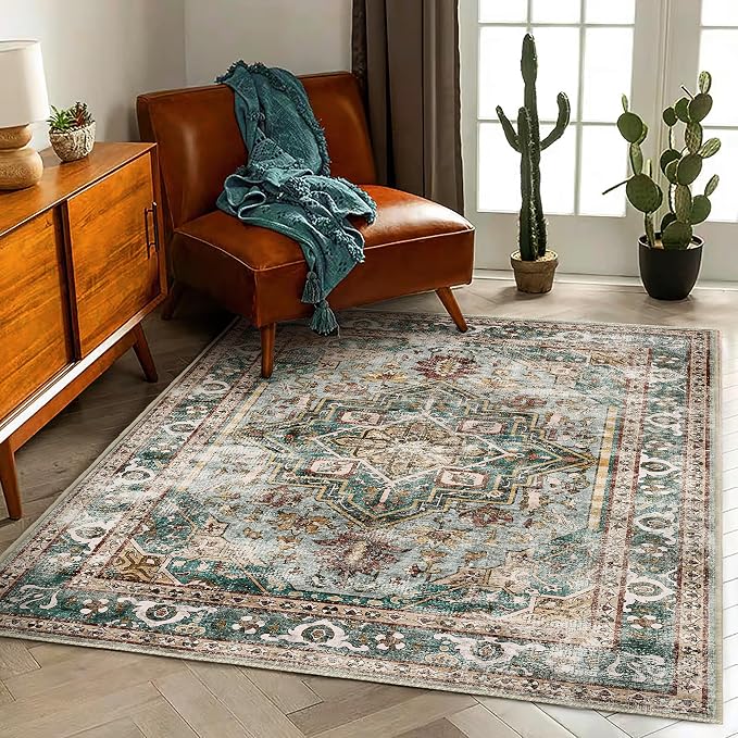 CHAMPLANT 3'x5' Vintage Washable Thin Green Area Rug Tangerine Traditional by CHAMPLANT