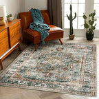 CHAMPLANT 3'x5' Vintage Washable Thin Green Area Rug Tangerine Traditional by CHAMPLANT