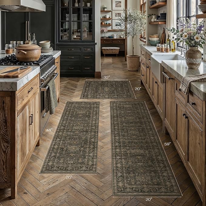 Kitchen Rug Set of 3 Washable Brown Vintage Kitchen Mats - Image 5