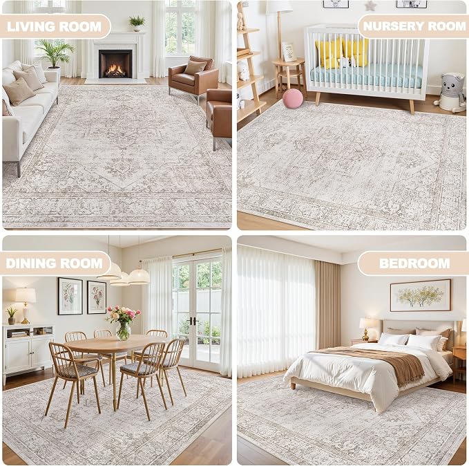 6x9 Area Rugs for Living Room:Beige Washable Vintage Medallion Carpet Non-Slip - Image 6