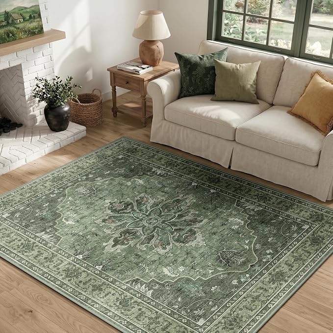 RELEANY Area Rugs 4'x6' Washable Non-Slip, Floral Vintage Distress Medallion by RELEANY