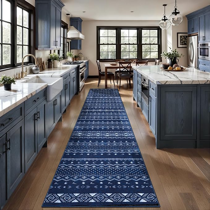SERISSA Hallway Runner Rug, 2x10 Washable Non-Slip Blue and White Boho Rug - Image 2