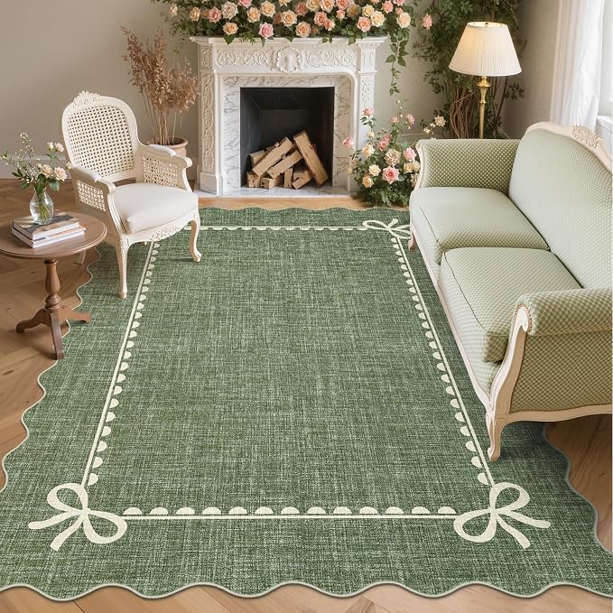 GarveeHome Scalloped Bow Rug for Living Room, Solid Green Rug for Dorm by GarveeHome