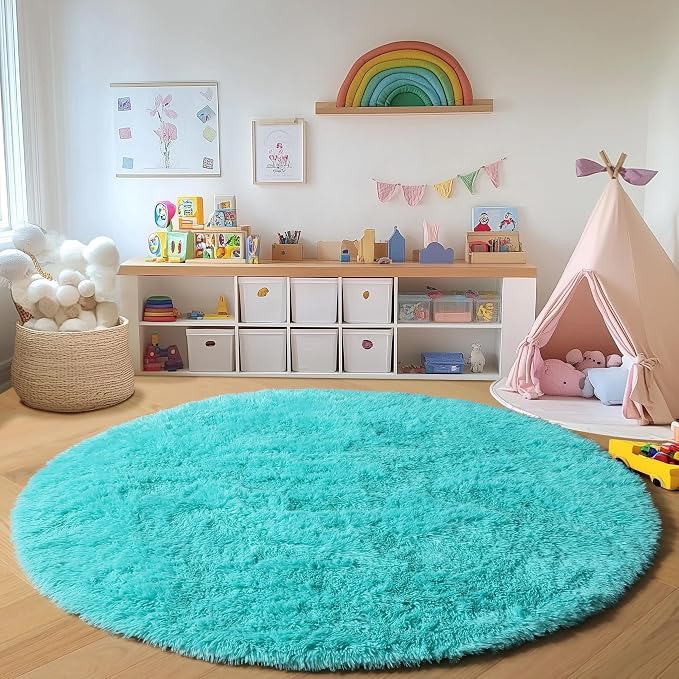 ONASAR Teal Blue Round Area Rug 4ft, Soft Fluffy Bedroom Bedside Floor Circle - Image 6