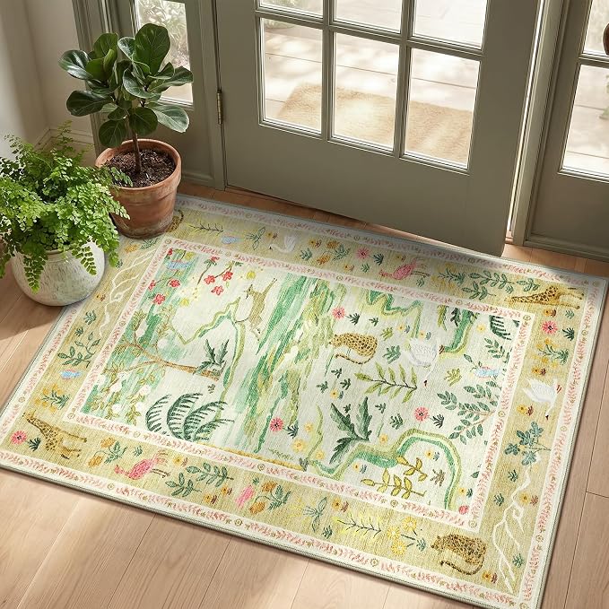 2x3 Washable Area Rug for Entryway Non Slip Safari Nursery Rug Green Kids Room - Image 2