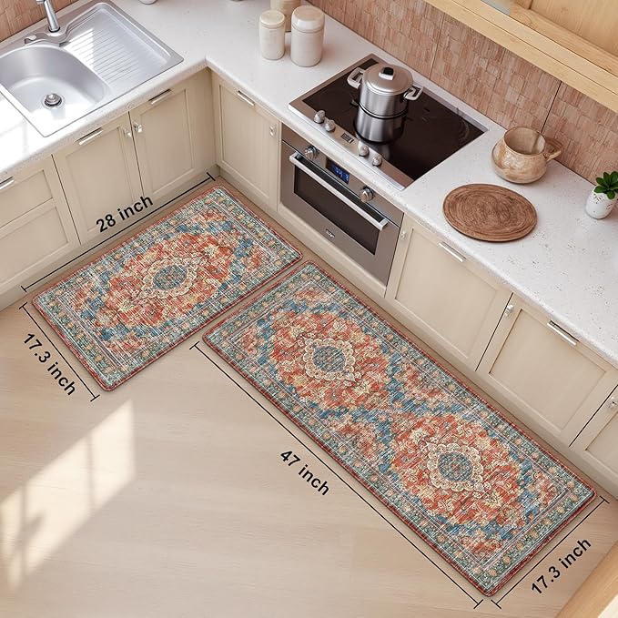 Boho Kitchen Mats for Floor 2 Piece Set Anti Fatigue Cushioned PVC Kitchen Rugs - Image 2