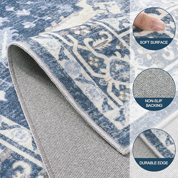 6x9 Area Rugs for Living Room:Blue Washable Vintage Medallion Boho Rug Non-Slip - Image 8