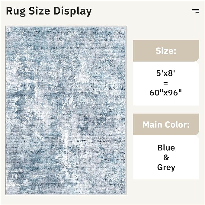Soalmost 5x8 Area Rugs Blue/Grey Low Pile Indoor Washable Trendy Faded Style - Image 5