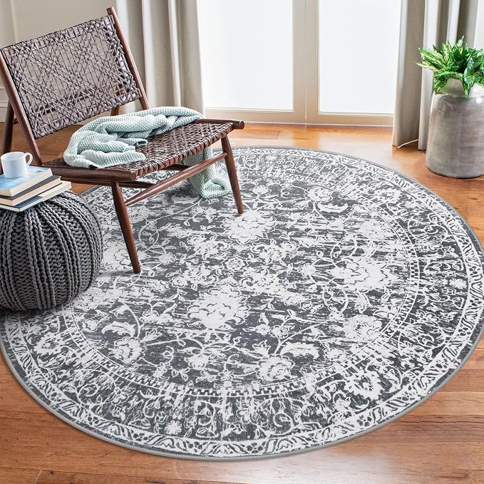 KILOCOCO Area Rug 5ft Round Living Room Rug Washable Printed Vintage Floral by Kilococo
