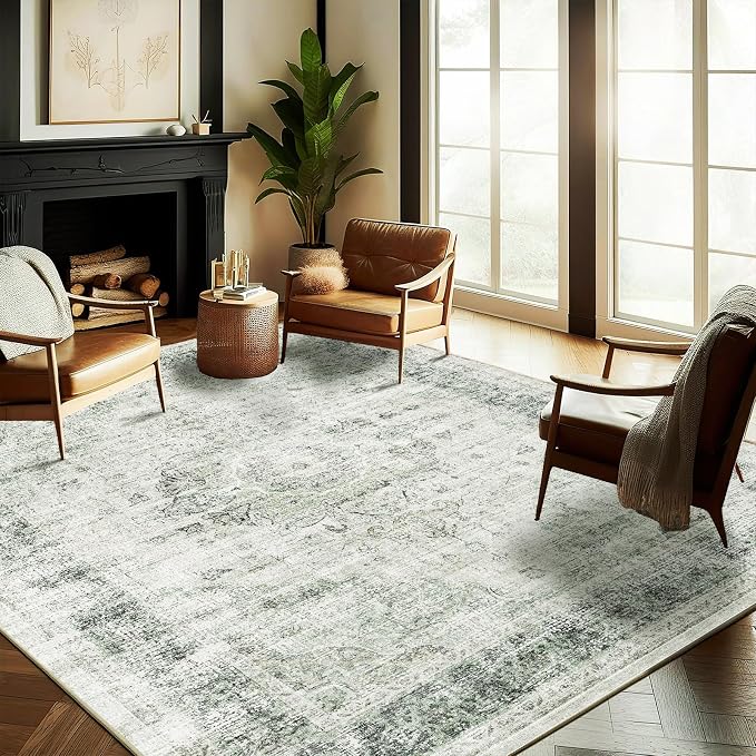 CHAMPLANT Washable Area Rug 8'x10' Floral Green Retro Boho Design Non-Shedding by CHAMPLANT