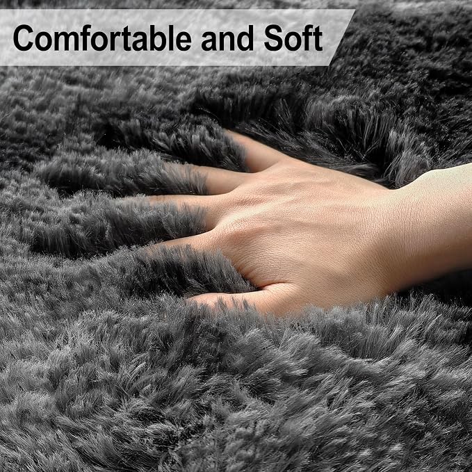 Plush 8x10 Area Rug for Living Room, Tie-Dyed Dark Grey Black 8x10 Shag Rug for - Image 4