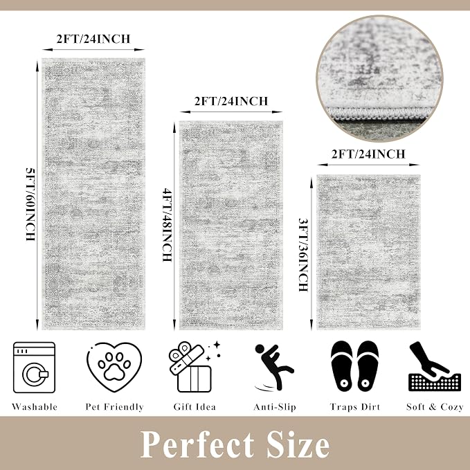 Washable Non-Slip 3 Piece Kitchen Rugs Set – Modern Boho Low-Pile Area Rugs and - Image 2