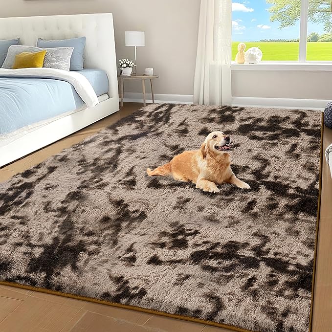 Tie-Dyed Brown Area Rug for Bedroom, 4x6 Fluffy Shag Rugs for Living Room by Unknown