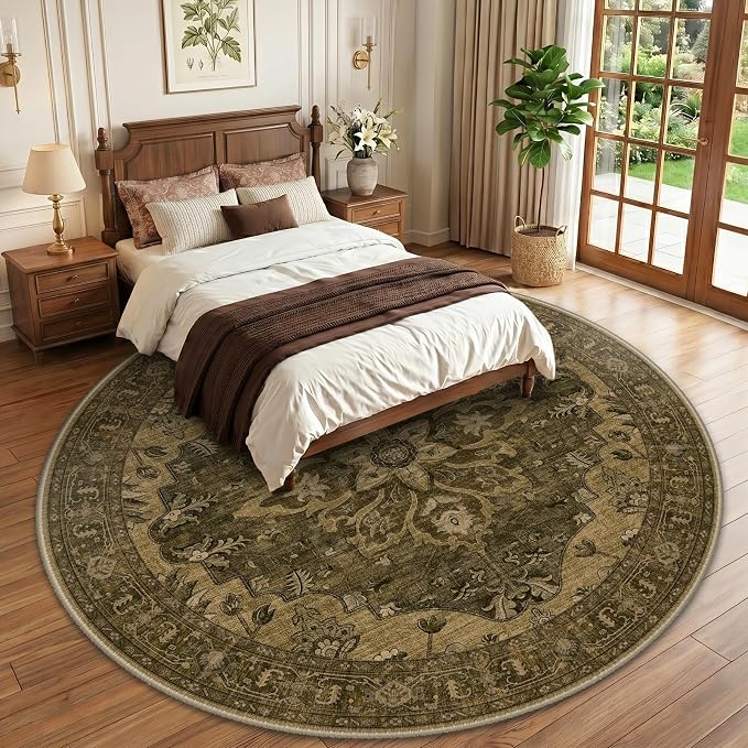 RELEANY Area Rugs Round 10ft Washable Non-Slip, Floral Vintage Distress - Image 2