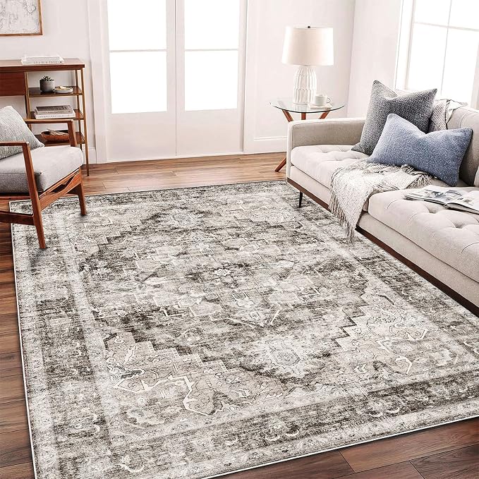 CHAMPLANT Washable Area Rug 10'x14' Deep Khaki Retro Flowers Boho Design - Image 2