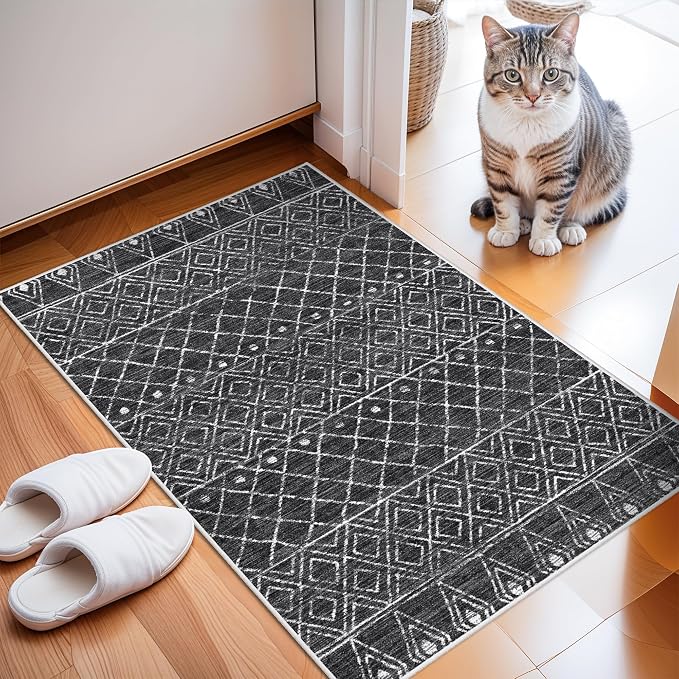 Black Moroccan 2x3 Entryway Small Area Rug | Machine Washable Low Pile Thin Non by BYYVOORugsforYourHome