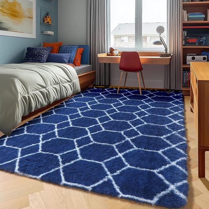 ONASAR 7x9 Area Rugs for Living Room Bedroom, Large Fluffy Navy Blue and White - Image 7