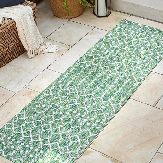 JONATHAN Y Moroccan Geometric Indoor Outdoor Runner Rug 2X8 Green/Cream - Image 3