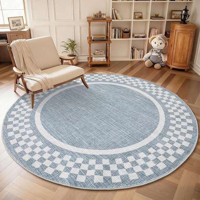 6ft Washable Round Rug for Entryway Modern Checkered Bedroom Circle Rug Non - Image 8